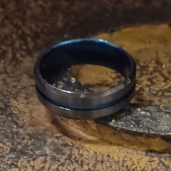 Mens Black Blue Line Wedding Promise Ring or Wedding Ring Band - Picture 5 of 6